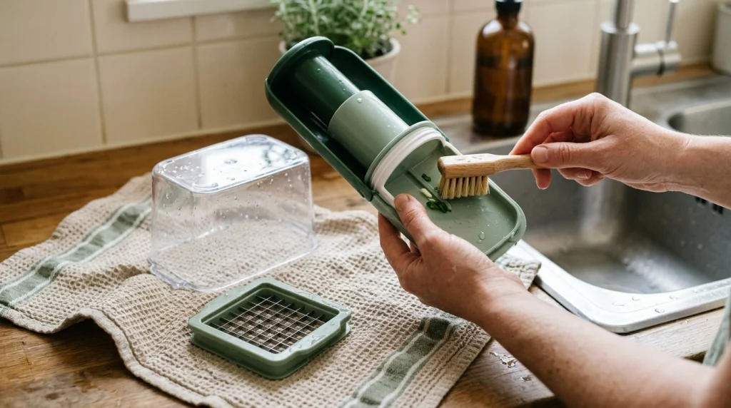 Push-down vegetable chopper components drying on a towel beside a cleaning brush in a home kitchen.