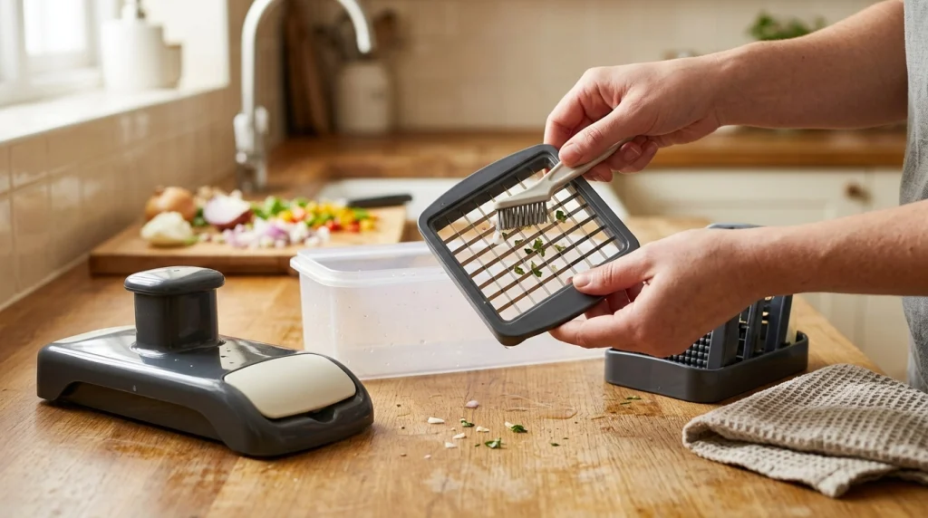 Disassembled push-down vegetable chopper with a cleaning brush, removable grid, and protected blade components.