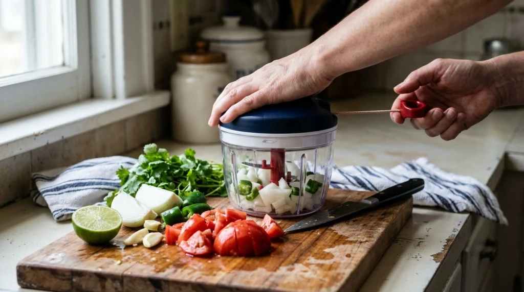 Hands preparing onion, pepper, tomato, and cilantro for salsa in a manual pull cord chopper.