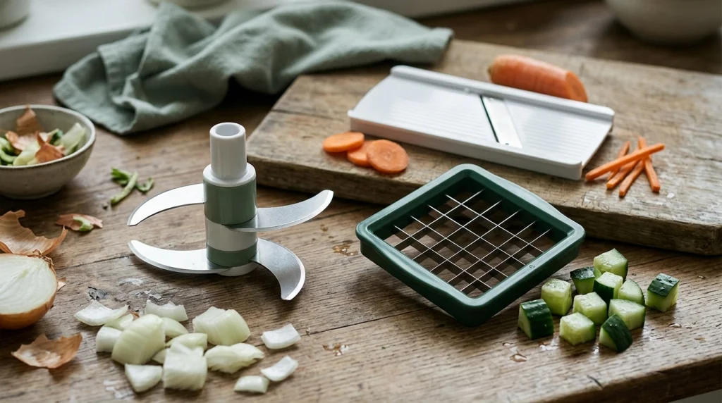 Three manual vegetable chopper blade types showing curved rotating blades, a dicing grid, and slicing inserts.
