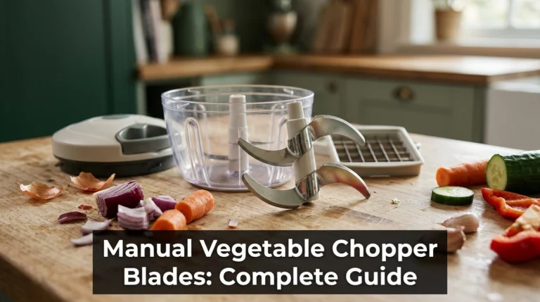 Manual vegetable chopper blades beside chopped onions, carrots, cucumbers, and a removable cutting grid.