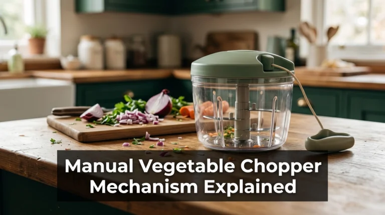 Manual vegetable chopper mechanism showing stainless-steel blades, central shaft, and pull-cord lid.