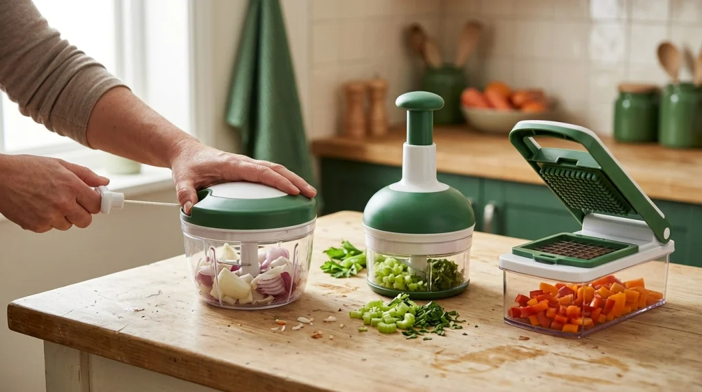 Three manual vegetable chopper mechanisms showing a pull cord, pump handle, and fixed cutting grid.