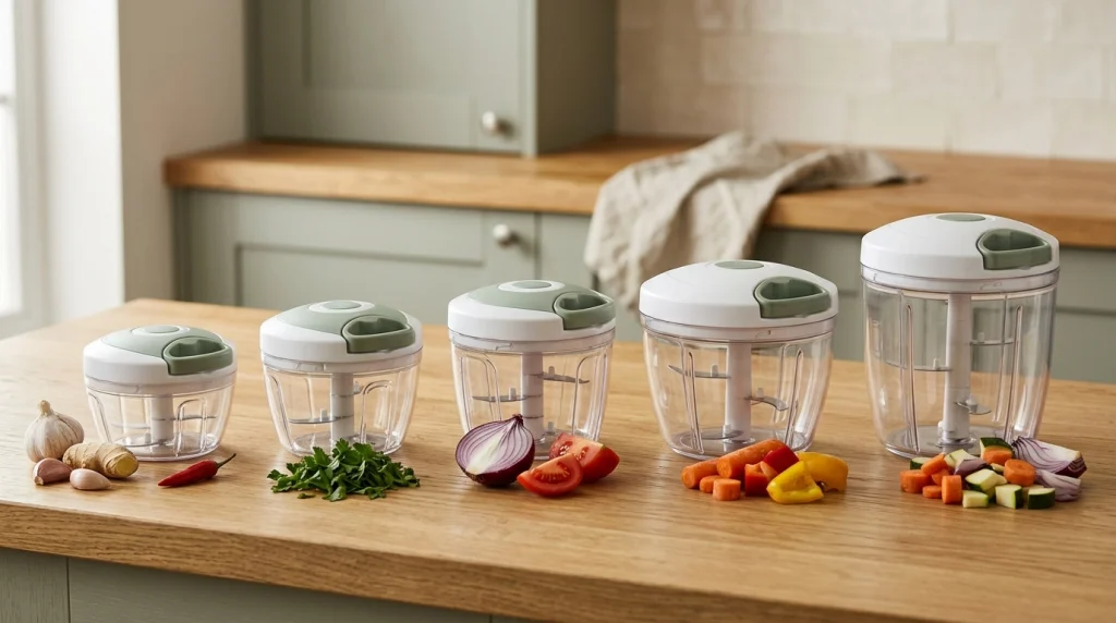 Five manual vegetable chopper bowl sizes displayed with garlic, herbs, onions, and mixed vegetables.