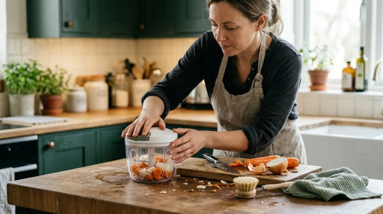 How to use a push down vegetable chopper with fresh vegetables on a kitchen counter.