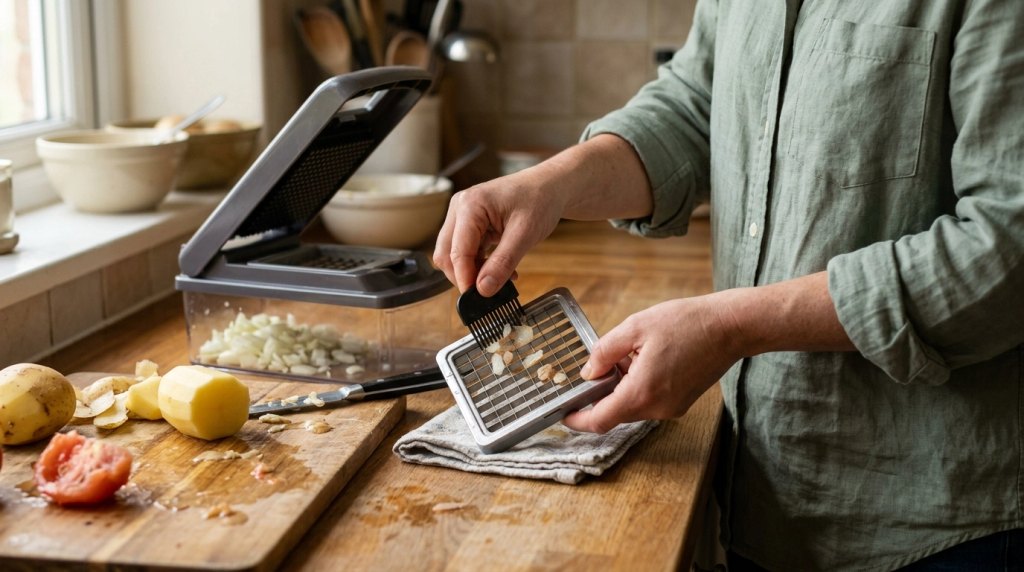 Home cook clearing trapped onion pieces from a grid vegetable chopper blade using a plastic cleaning comb.