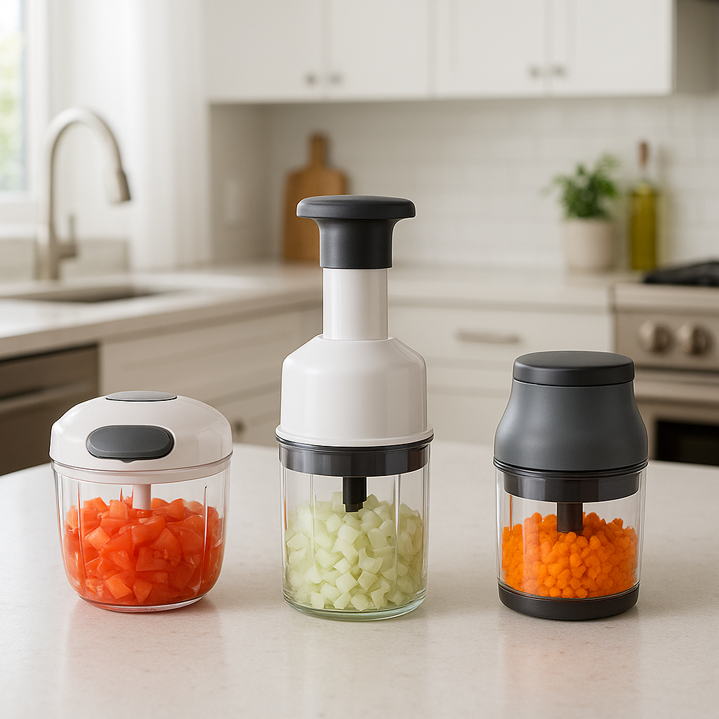 Assorted vegetable chopper types arranged on a kitchen counter
