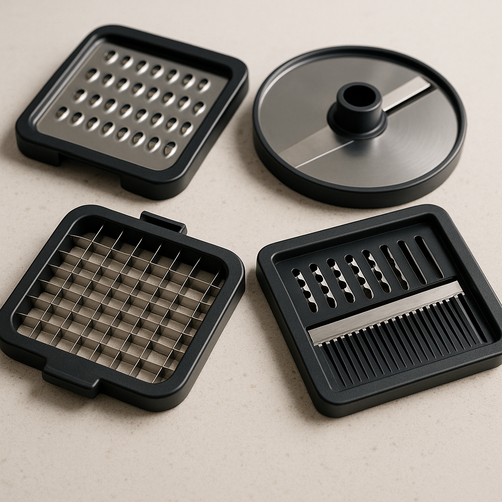 Vegetable chopper blade attachments laid out on a countertop