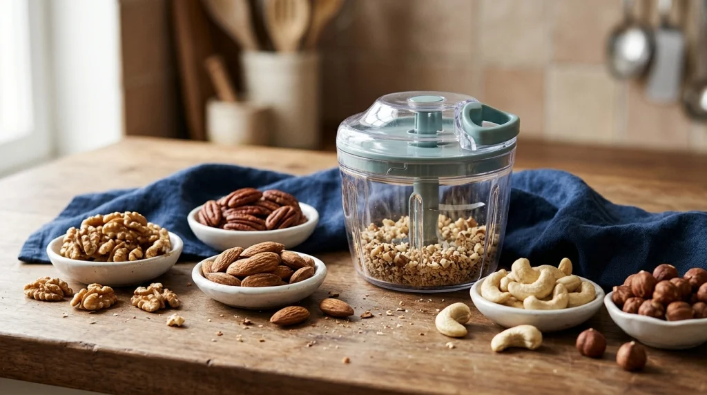Pull cord chopper for nuts beside walnuts, pecans, almonds, cashews, and hazelnuts on a wooden counter.