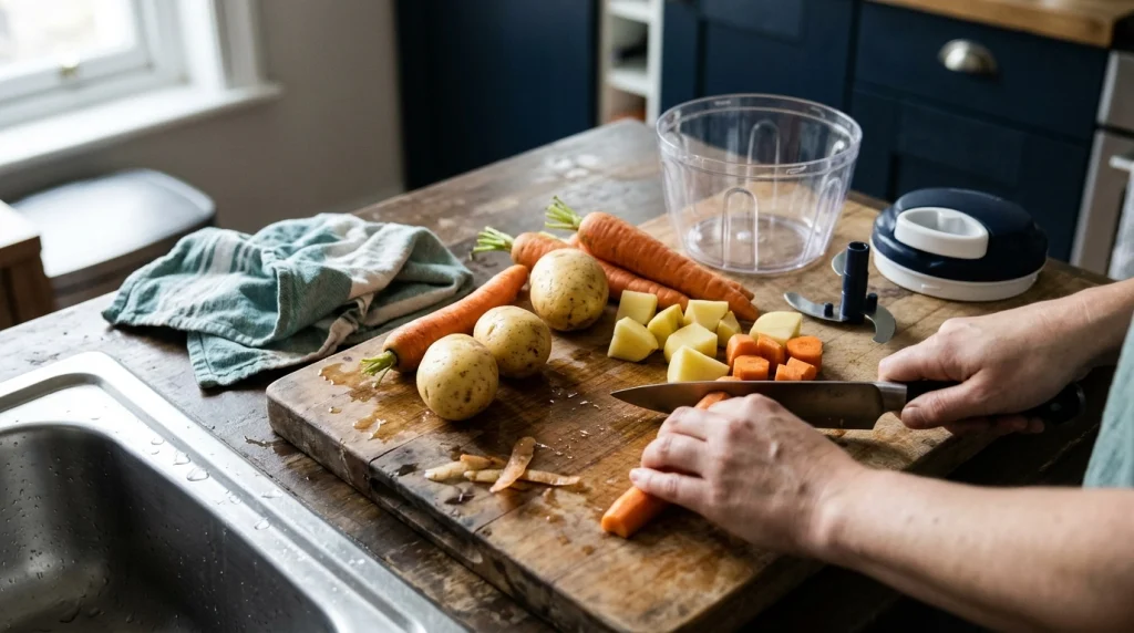 Carrots and potatoes cut into manageable chunks beside an open pull cord vegetable chopper.
