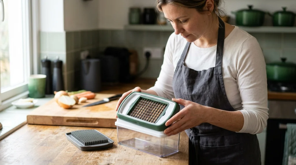 Home cook checking the assembly and blade insert of a push-down vegetable dicer on a dry countertop.