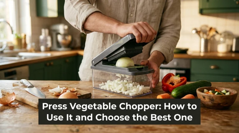 Manual press vegetable chopper dicing onions on a kitchen counter with fresh vegetables nearby.