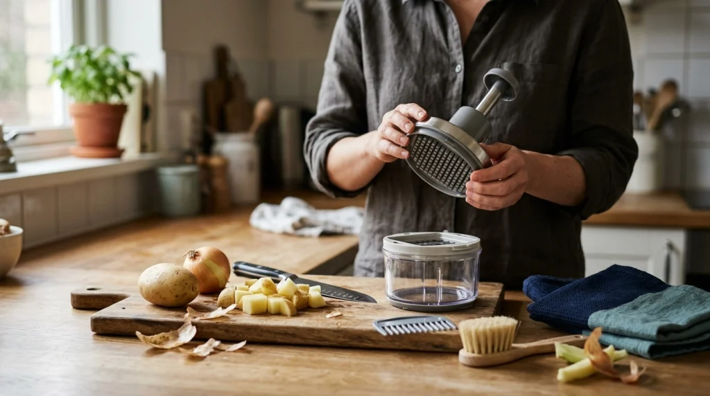 Preparing vegetables into smaller pieces beside a clean push down chopper on a kitchen counter