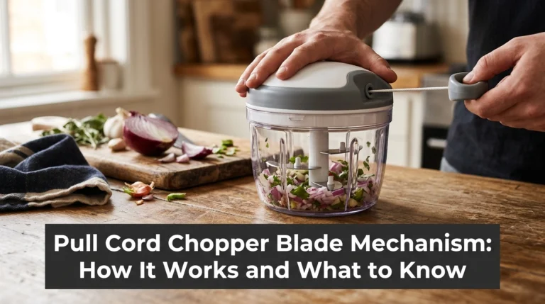 Pull cord chopper blade mechanism with stainless-steel blades and retractable cord. File Name: pull-cord-chopper-blade-mechanism-featured-photo.jpg