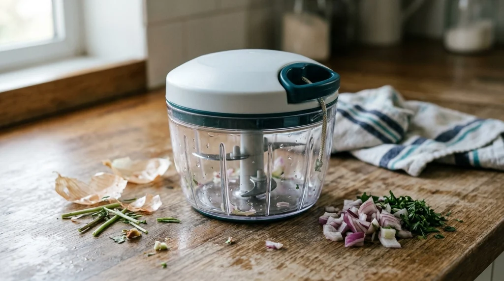 Pull cord chopper blade mechanism with removable lid, central spindle, and stainless-steel blades.