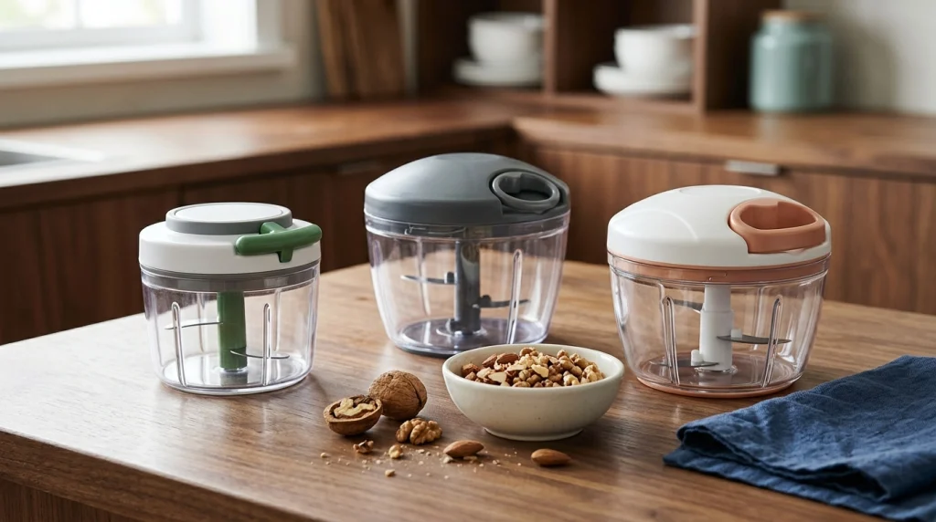 Three manual pull cord choppers arranged with chopped almonds and walnuts on a kitchen countertop.