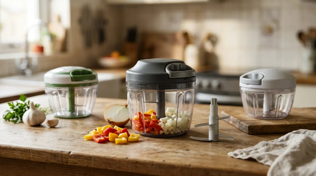 Three manual pull cord vegetable choppers compared on a kitchen counter with vegetables and removable blades.