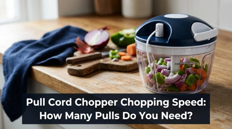 Pull-cord vegetable chopper filled with chopped vegetables on a home kitchen counter.