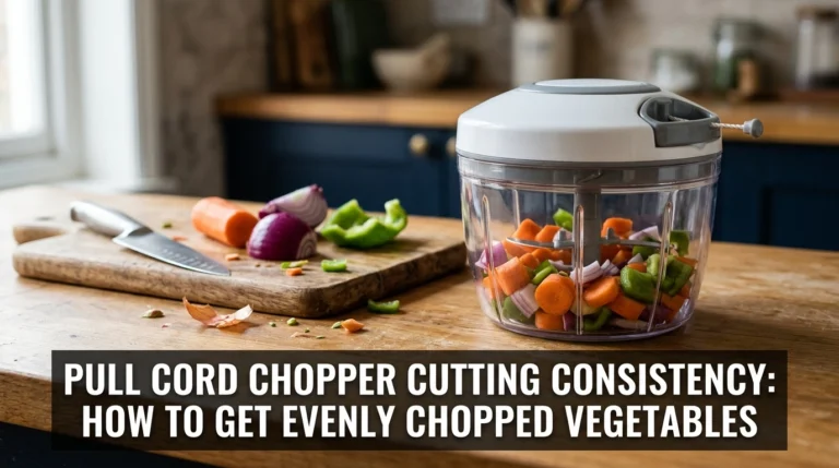 Pull cord vegetable chopper with evenly chopped onions, carrots, and green peppers on a kitchen counter.