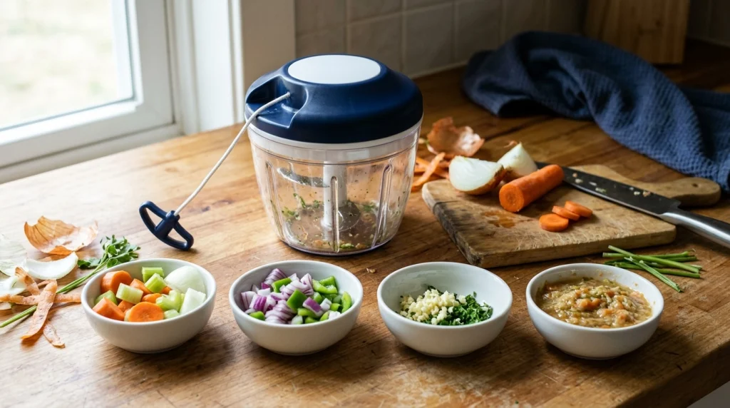 Four bowls show coarse, medium, fine, and overprocessed vegetable textures beside a pull cord chopper.