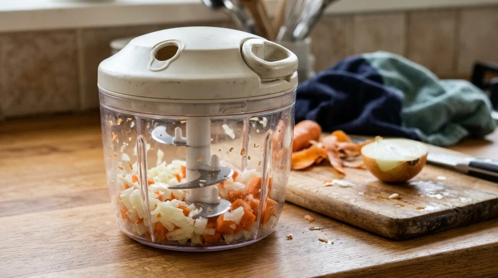 Pull cord chopper cutting mechanism with a transparent bowl, metal blades, lid, and cord handle.