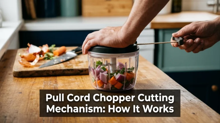 Pull cord chopper cutting mechanism with a transparent bowl, cord handle, and chopped vegetables.