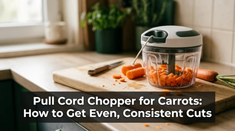 Pull cord chopper for carrots containing chopped carrot pieces on a wooden kitchen cutting board.