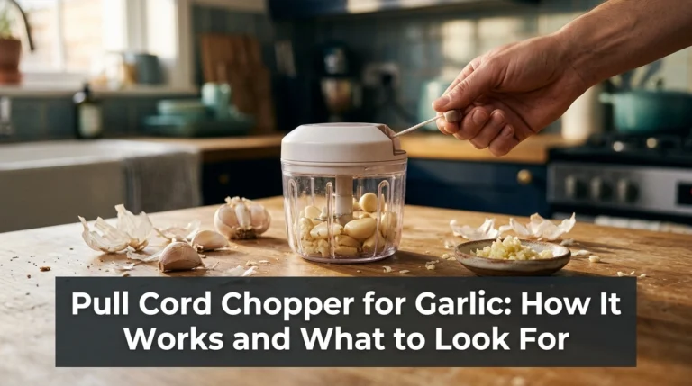 Pull cord chopper for garlic with peeled cloves and freshly minced garlic on a kitchen counter.