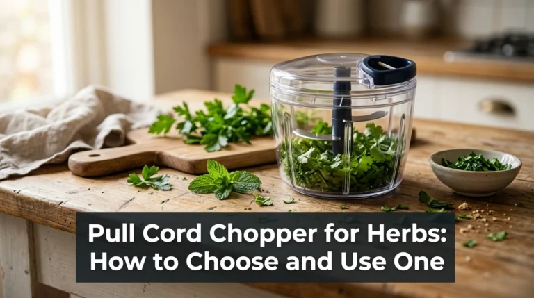 Pull cord chopper for herbs filled with chopped parsley beside fresh mint and cilantro.