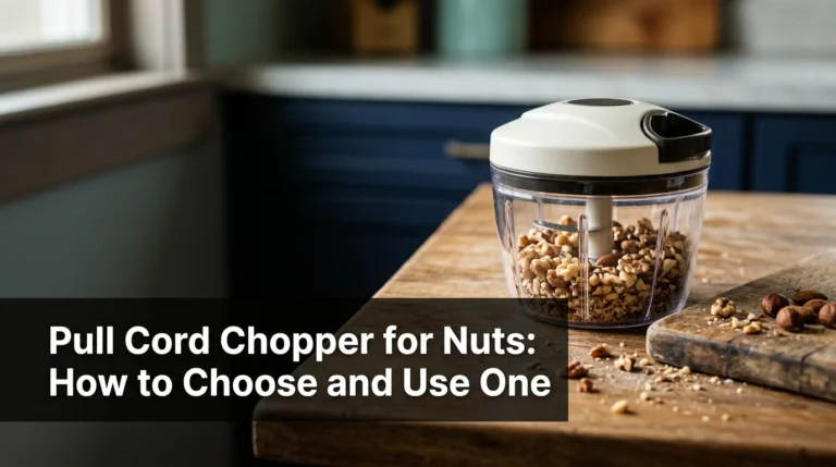 Pull cord chopper for nuts filled with chopped almonds, walnuts, and pecans on a wooden kitchen counter.