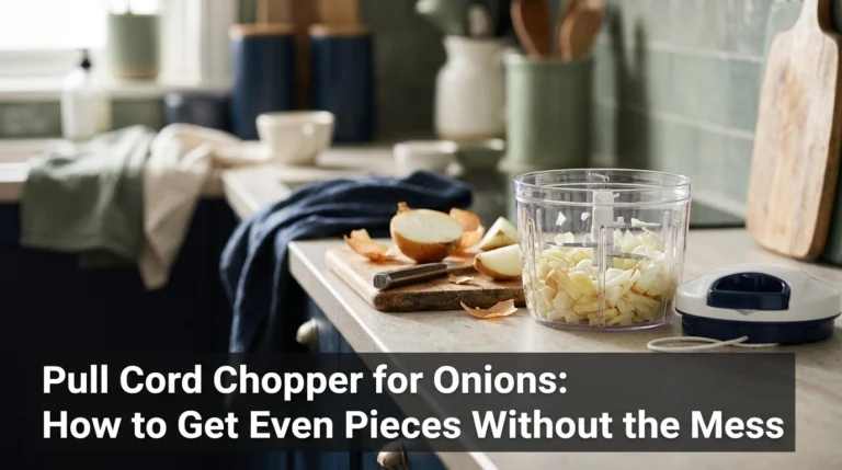 Pull cord chopper for onions with freshly chopped onion pieces on a kitchen countertop.