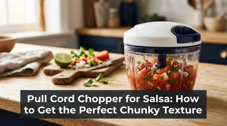 Pull cord chopper for salsa filled with chunky tomatoes, onions, jalapeños, and cilantro.