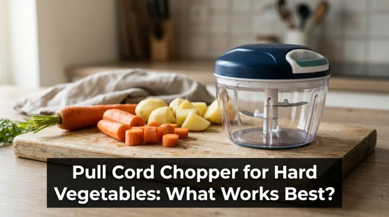 Pull cord chopper for hard vegetables beside chopped carrots and potatoes on a kitchen cutting board.