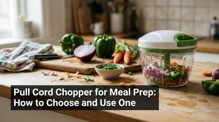 Pull cord chopper for meal prep with chopped onions, peppers, and carrots.