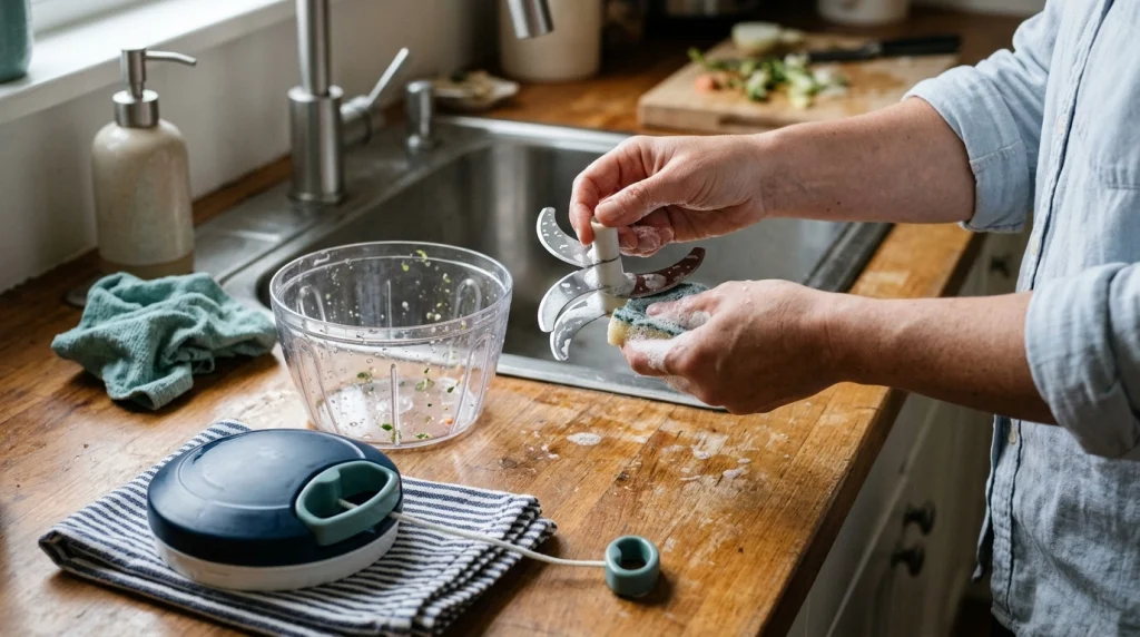 Cleaning a manual vegetable chopper bowl while keeping its pull-cord lid dry on a kitchen towel.