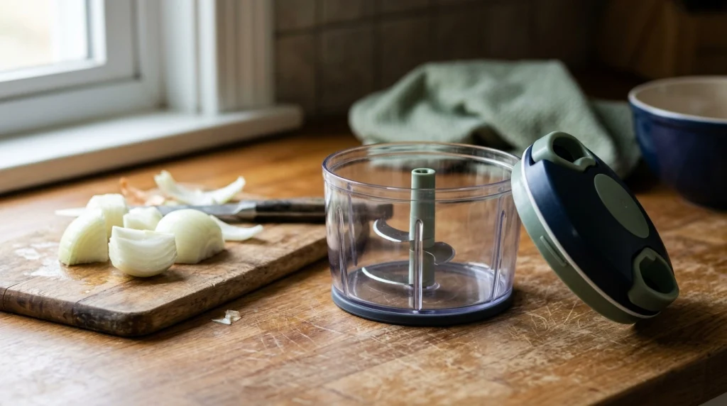 Transparent pull cord chopper for onions showing its blades, container, lid, and pull handle.