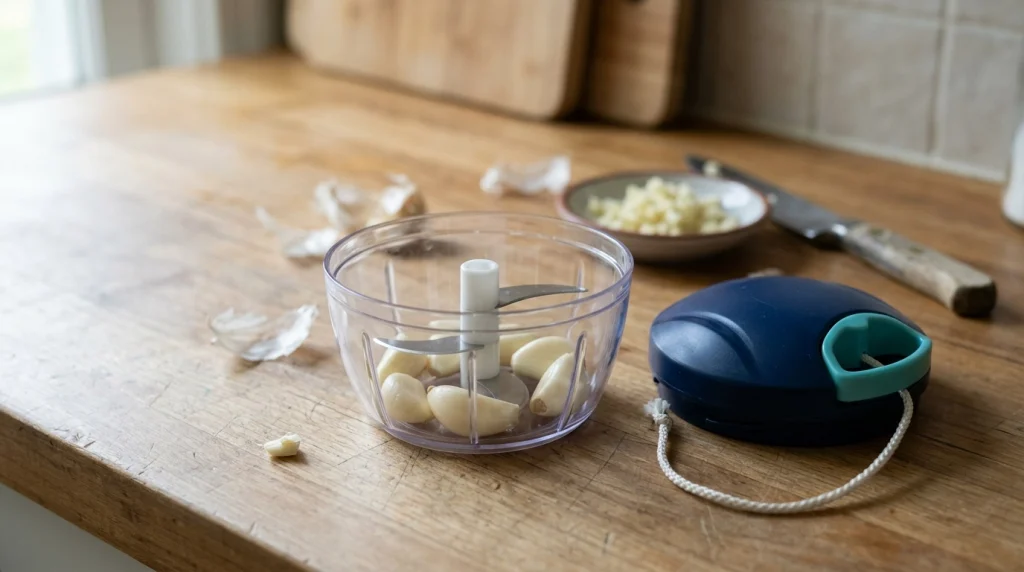 Transparent pull cord chopper for garlic showing its bowl, blades, lid, and retractable cord.