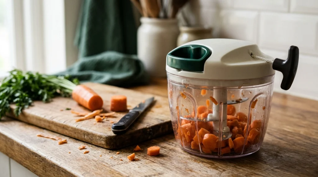 Transparent pull cord chopper with carrot chunks, lid, handle, and blade assembly on a kitchen counter.