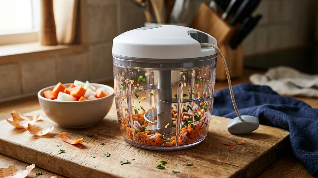Transparent pull-cord chopper showing rotating blades and chopped vegetables in a home kitchen.
