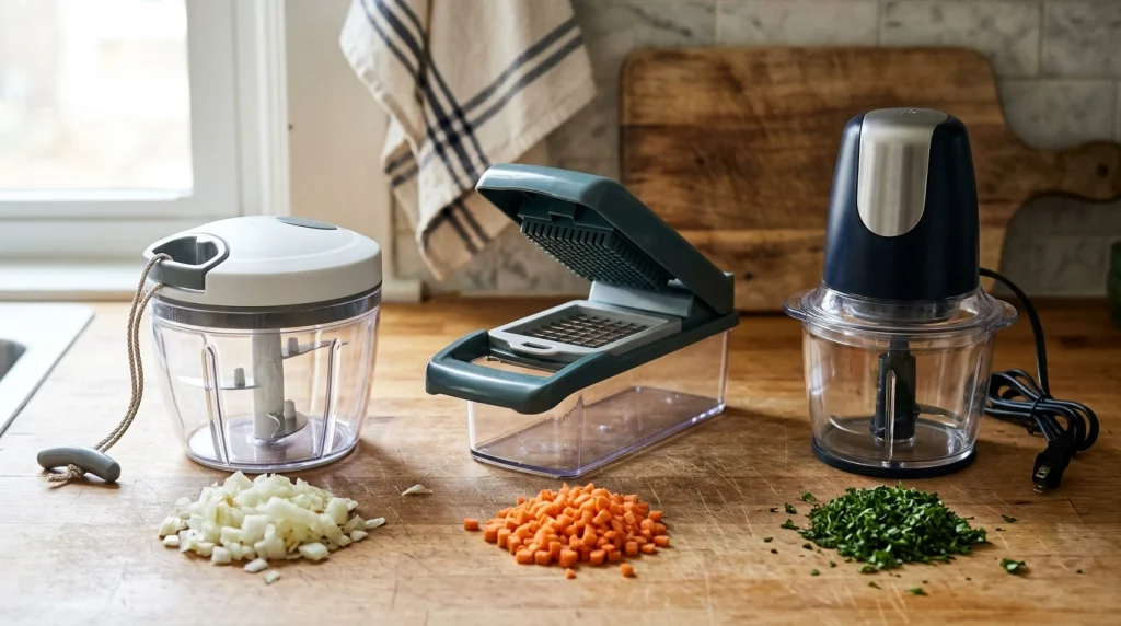 Pull cord chopper blade mechanism beside a push-down vegetable chopper and an electric food chopper.