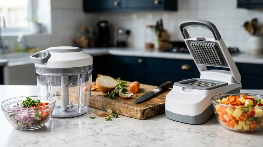 Pull cord chopper and push-down vegetable dicer displayed side by side with their different vegetable cuts.