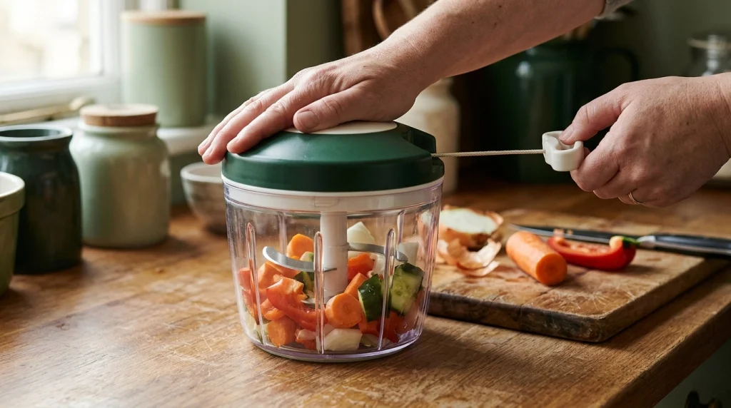 Pull cord vegetable chopper with its cord handle, central spindle, and stainless-steel blades visible.