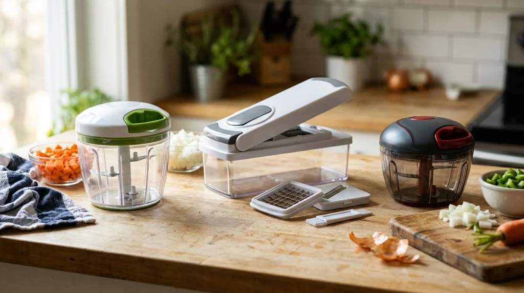 Three manual vegetable chopper styles arranged with freshly chopped vegetables on a kitchen countertop.