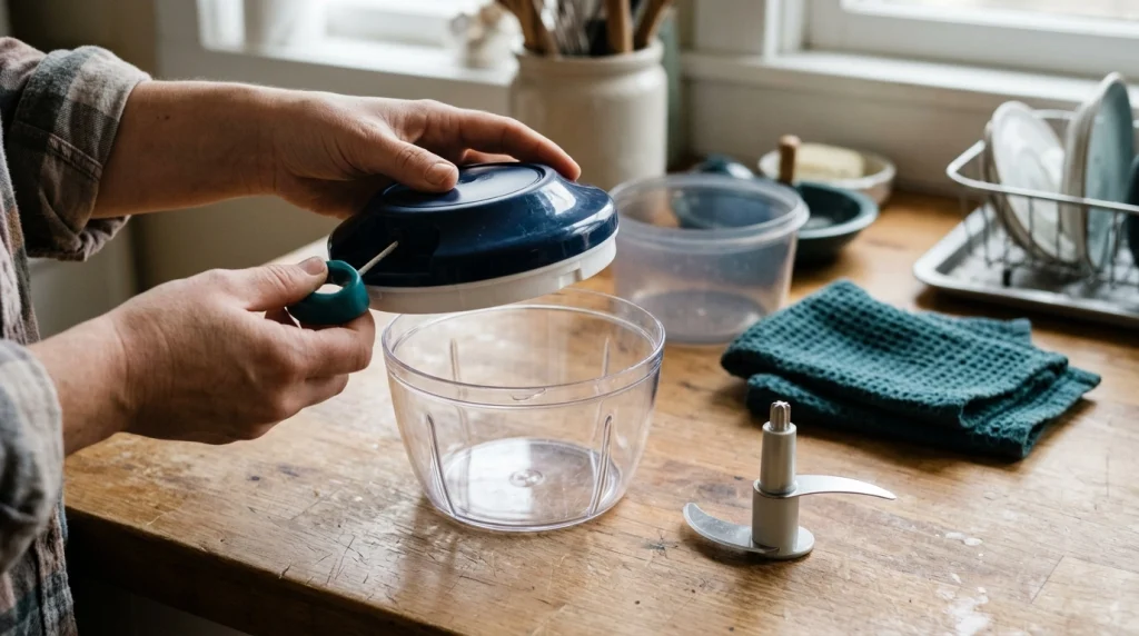 Manual pull string vegetable chopper with its lid, cord handle, removable blades, and cleaning accessories on a kitchen counter.