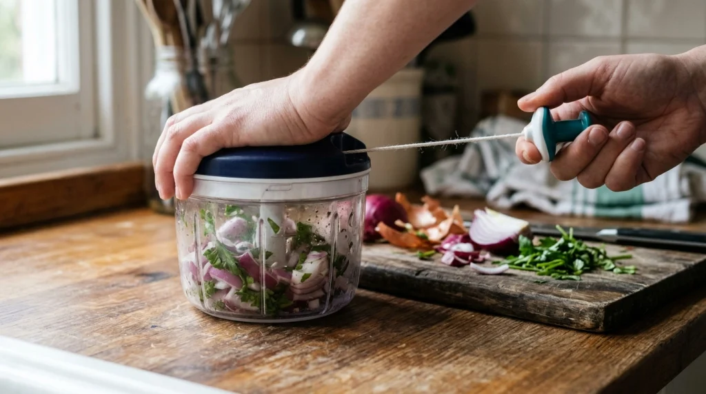 Hands pulling the cord of a transparent pull string chopper filled with onion and herbs.