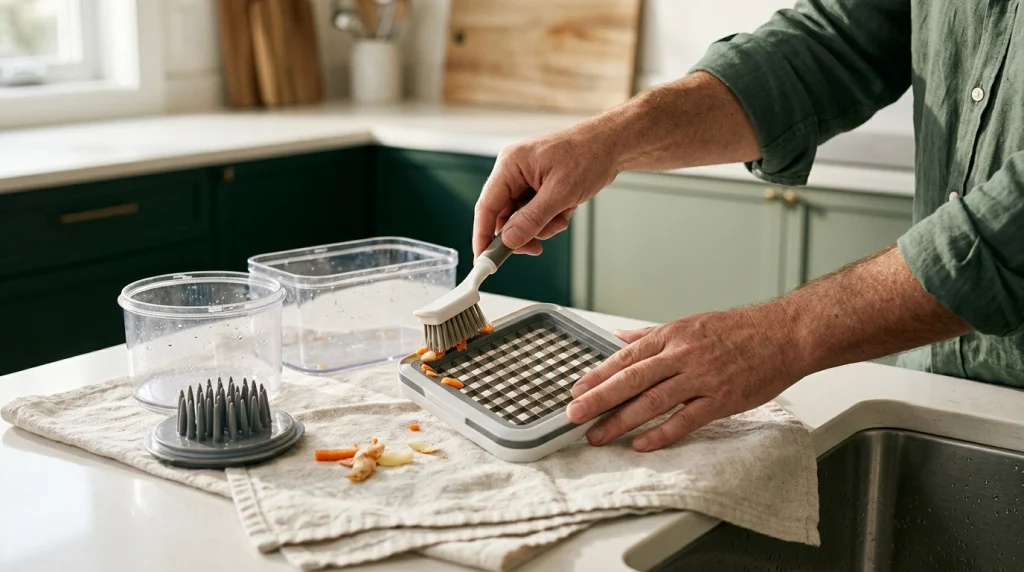 Cleaning brush removing vegetable residue from a push down vegetable chopper blade grid on a kitchen towel.