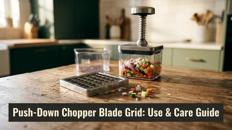 Push-down vegetable chopper with stainless-steel blade grid and freshly diced vegetables on a kitchen counter.
