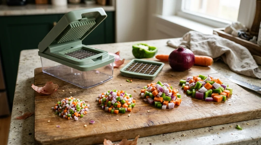 Manual vegetable chopper beside four samples of diced vegetables ranging from fine to large pieces.