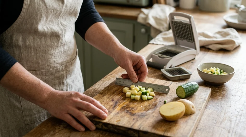 Push-down vegetable chopper grid beside small, medium, and large diced vegetables on a kitchen counter.
