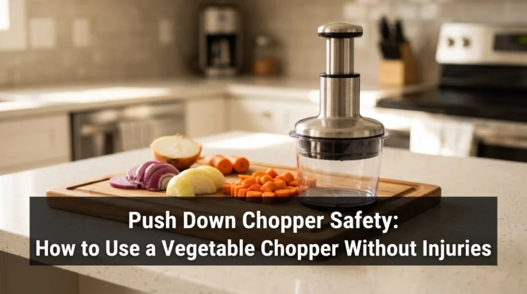 Stainless steel push down vegetable chopper on a clean kitchen counter with fresh vegetables.